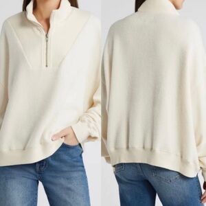 NEW THE GREAT. The slouch mixed media half-zip pullover washed white ivory sz 1